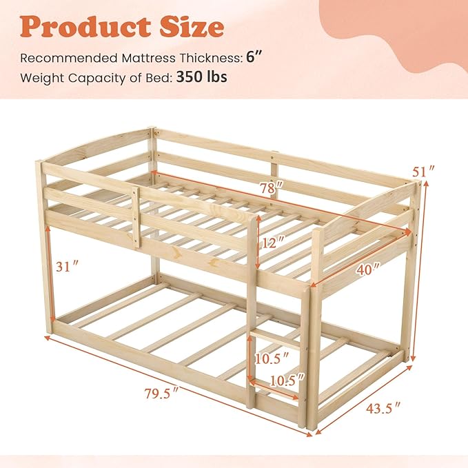 KOMFOTT Low Bunk Bed Twin Over Twin, Solid Wood Twin Bed Frame with Built-in Ladder & Safety Guardrails, Space-Saving Low Bunk Bed for Kids, Teens, No Box Spring Needed