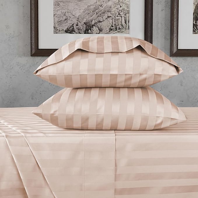 URBANHUT 800 Thread Count 100% Cotton Damask Queen Size Sheets, 4 Piece Striped Queen Size Bedsheets, Luxury Hotel Sheets Sateen Weave - Better Than Egyptian, 16" Elasticized Deep Pocket- Blush Pink