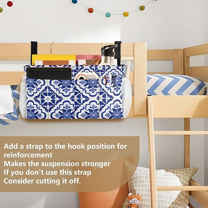 Bedside Caddy Hanging Bunk Bed Caddy Bed Organizer Hanging Pocket with 2 Hooks Bedside Storage Organizer Pocket Bag Holder Floral Blue and White Geometric