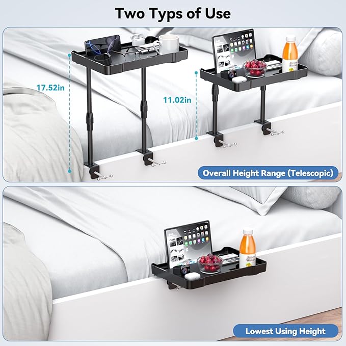 Bedside Shelf Bunk Bed Shelf Bedside Organizer Adjustable Height Top Bunk Bed Accessories Nightstand Tray with Cup Holder Clip On Bedside Table Tray Headboard Shelf Organizer College Dorm Room Black