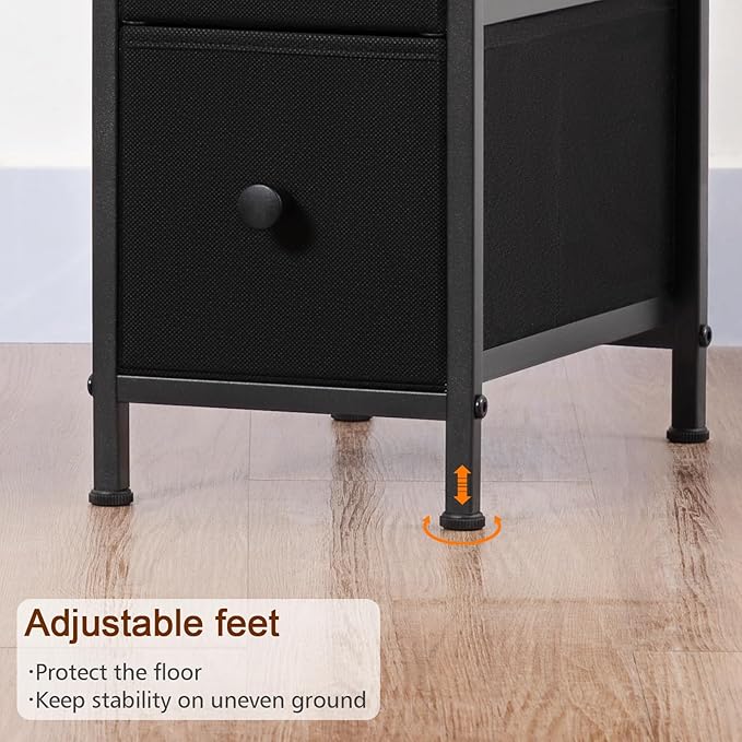 LOAKEKEL Narrow End Table Living Room with Charging Station, Skinny Side Table with Fabric Drawers, Slim Nightstand for Bedroom, Small Spaces, Couch, Black, HETNDP03BK-1
