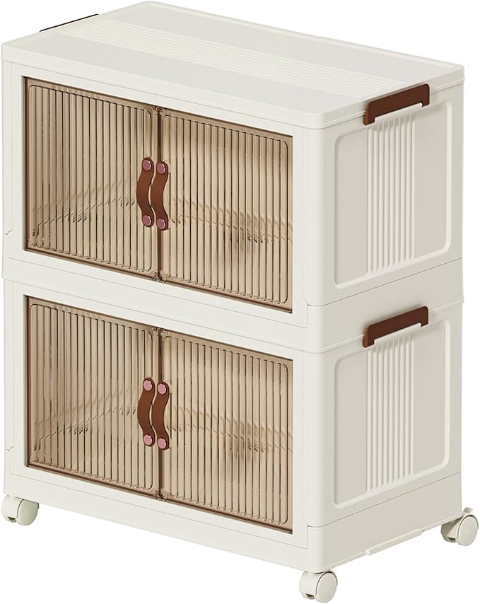 130 QT Large Plastic Storage Bins with Lids Open Front, Stackable Storage Containers with Wheels for Clothes, Home, Room, White, 2 Tiers