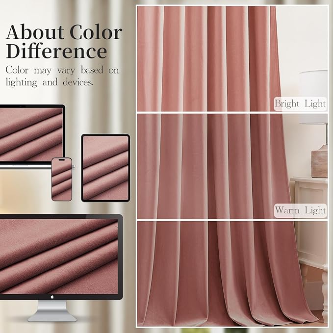 Velvet Curtains 108 Inches Long for Girls Room, Luxury Room Darkening Thermal Insulated Dusty Rose Pink Velvet Curtain Privacy Drapes for Living Room, Back Tab Rod Pocket, W52 x L108, 2 Panels