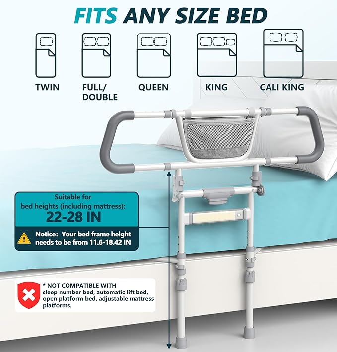 Packve Foldable Bed Rails for Elderly Adults Safety - Bed Side Assist Rail for Seniors with Extendable Guard Rails & Storage Bag, Adjustable Height Bedrails for Queen King Full Size Bed