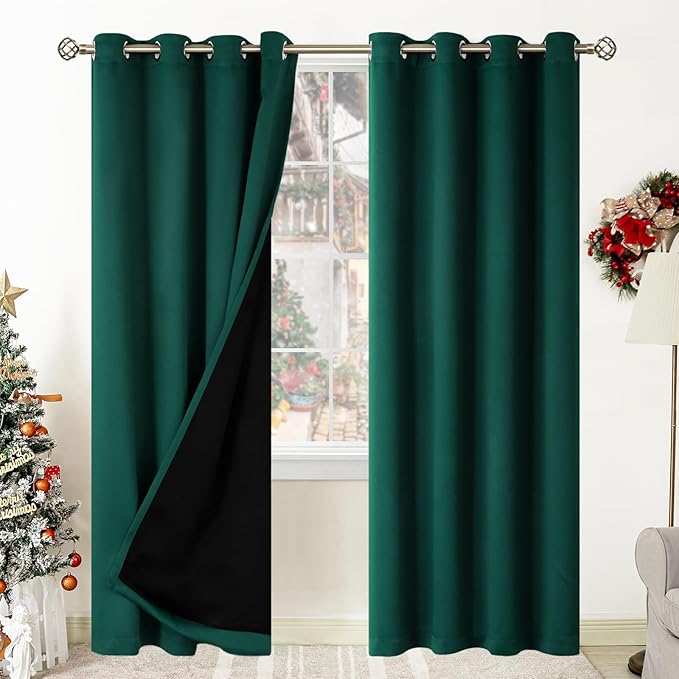 BGment Thermal Insulated 100% Blackout Curtains for Bedroom with Black Liner, Double Layer Full Room Darkening Noise Reducing Grommet Curtain (52 x 84 Inch, Emerald, 2 Panels)
