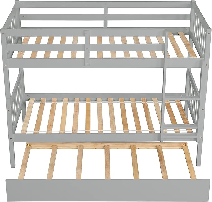 Bellemave Twin Over Twin Bunk Bed with Trundle,Convertible Bunk Beds with Ladder & Safety Guardrails,Twin Size Bunk Beds for Kids Girls Boys,Grey