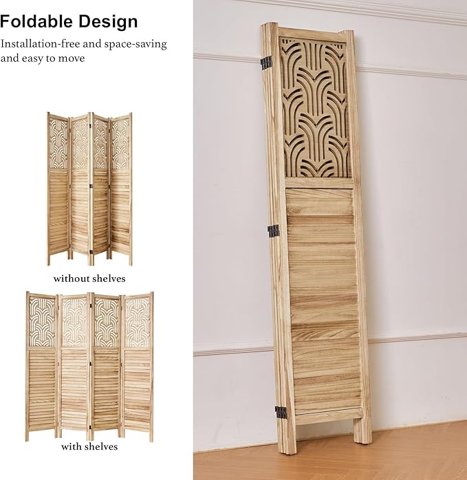 Svimi Folding Room Divider, 66.9 Inch 4 Panels Wood Carved Privacy Screens, Free Assembled Freestanding Portable Separation Wall for Home Office Bedroom (Natural)