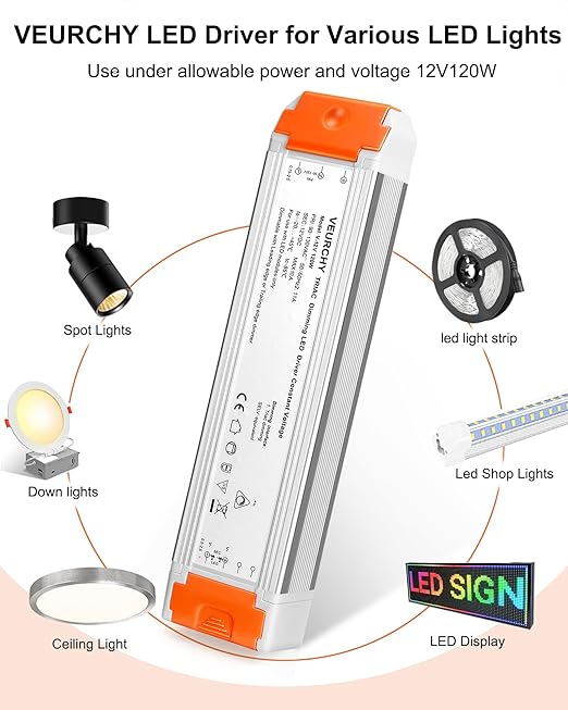 120W LED Driver 12v Dimmable, AC 120V to DC 12V 120 Watt LED Dimmable Transformer 10A Compatible with Lutron & Leviton Dimmer Switches,12 volt Power Supply for LEDs Strip Light, Cabinets Light