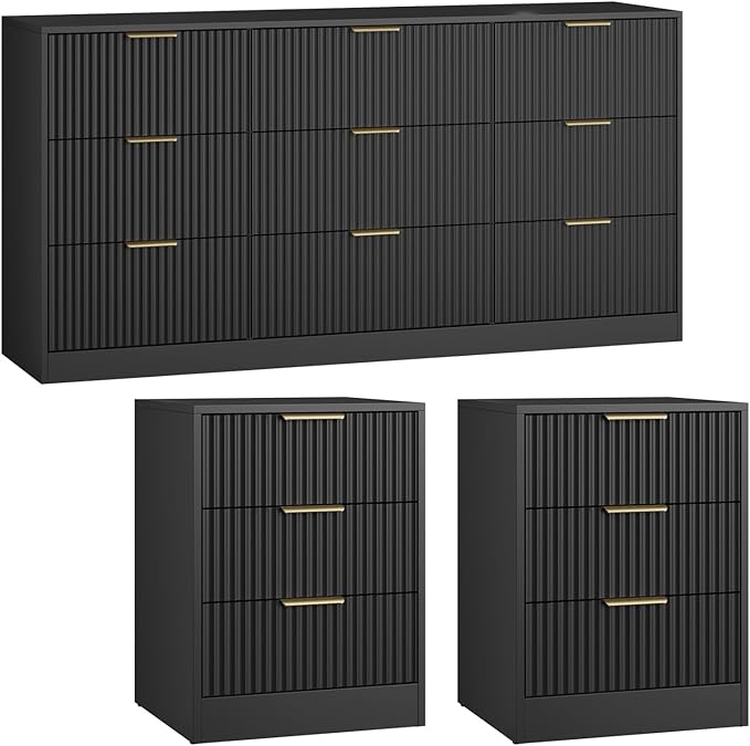 9 Drawer Black Dresser & Nightstand Set 3-Piece - 63” Long Fluted Dresser Set Night Stand Set of 2 with Metal Handle, Modern Wood Chest of Drawers Storage Dressers Set for Bedroom, Black