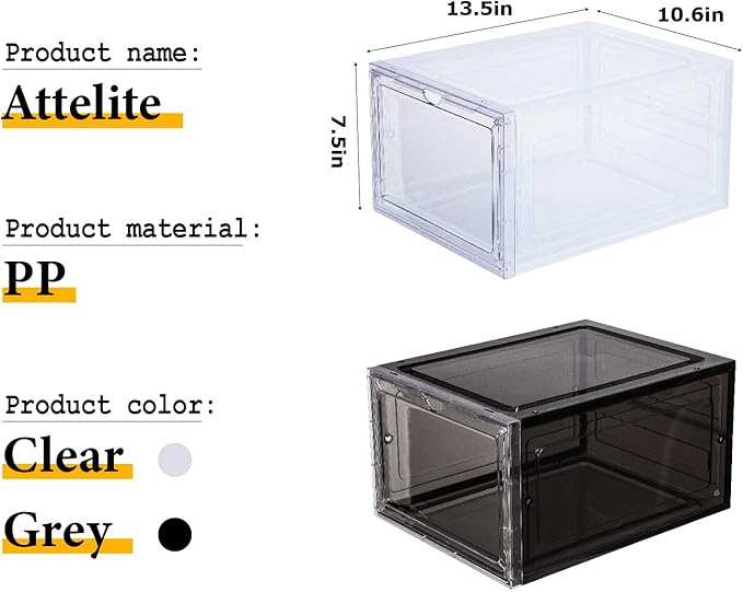 Attelite Shoe Box,Set of 6,Stackable Plastic Clear Shoe Box Organizer with Magnetic Door,Shoe Storage Box Thicken Sturdy,Easy Assembly,Fit up to US Size 12,Black
