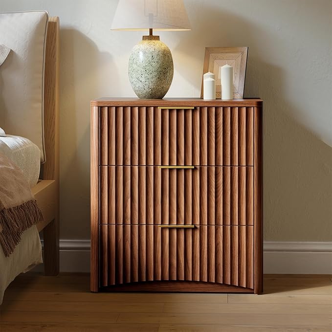 Evermagin Fluted Nightstand, Walnut Bedside Table with 3 Drawers, Wood End Table with Storage Mid Century Modern, Large Night Stand for Bedroom