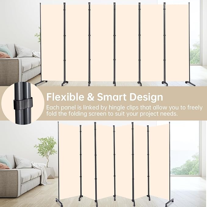 Room Divider Folding Privacy Screens with Wheels, 6FT Tall Divider for Room Separation, Movable Room Partitons and Dividers, Indoor Room Dividers Panel with Fabric (Beige, 6 Panel-132‘’-Wheels)
