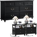 Farmhouse Furniture Set, Nightstands Set of 2 and 7 Drawers Dresser for Bedroom, 54 Inch Wide Wood Dresser and 24" Night Stands with Charging Station for Bedroom, Living Room, Hallway