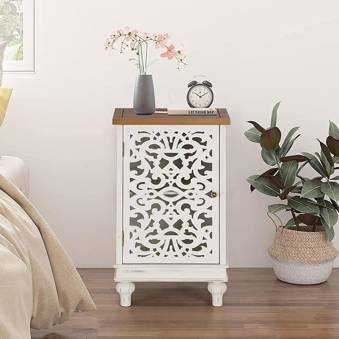 PHI VILLA Small Accent Storage Cabinet with Single Door - Decorative Nightstand for Living Room Bedroom, End Side Table Cabinet White