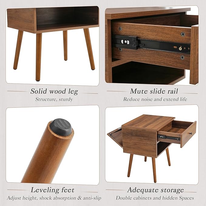 Hidden Compartment Nightstands, Mid Century Modern Concealment Furniture, Bedside Table with Wood Legs, End Table with Storage Drawer for Bedroom (1,Walnut)