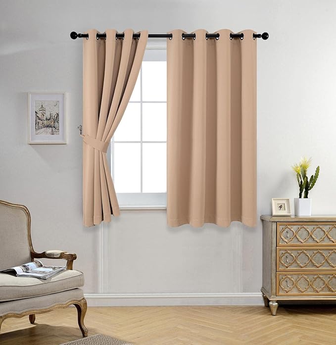 MIUCO Room Darkening Grommet Thermal Insulated Blackout Window Curtains Panels for Gilrs Room Window 1 Pair 52x63 Inch Taupe, Bonus 2 Tie Backs Included