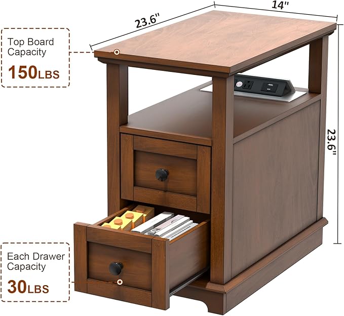 HIFYOBRO End Table with Flip Top Charging Station Set of 2, Narrow Side Table with 2 Drawers, Type-C & USB Port & Power outlets, Wooden Nightstand for Living Room and Bedroom