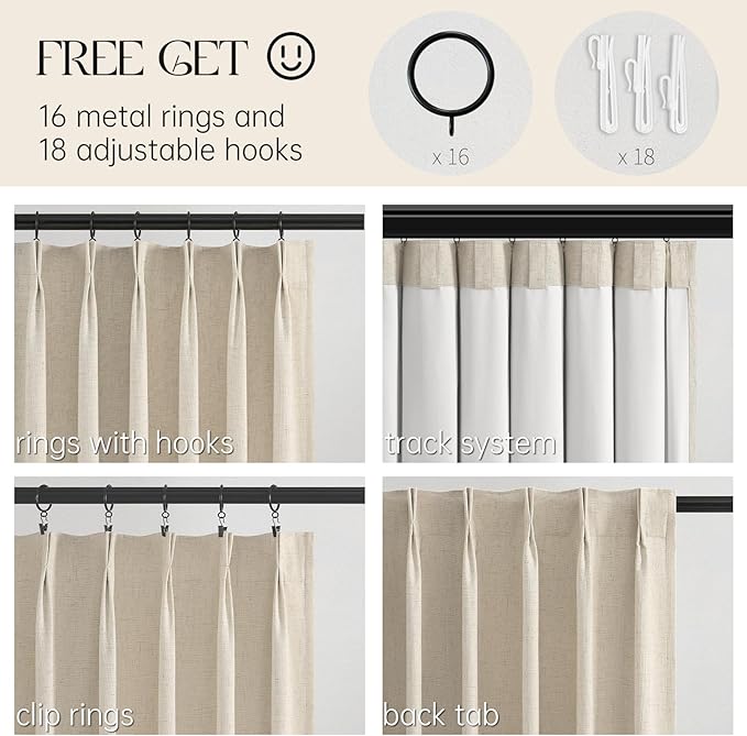 Topfinel 102 Inches Long Cream Colored Custom Total Blackout Linen Curtains, Tan Pinch Pleated Curtains with Pin Hooks for Traverse, Burlap Viral Drapes 2 Panels for Living Room Master Bedroom