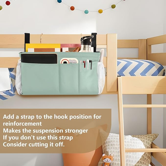 KOPIRIT Cyan Gray Bedside Caddy Storage Bag Bedside Organizer for College Dorm Top Bunk Bed Bedside Shelf Hanging Organizer 6 Pockets with Hooks for Magazine Water Bottle Holder