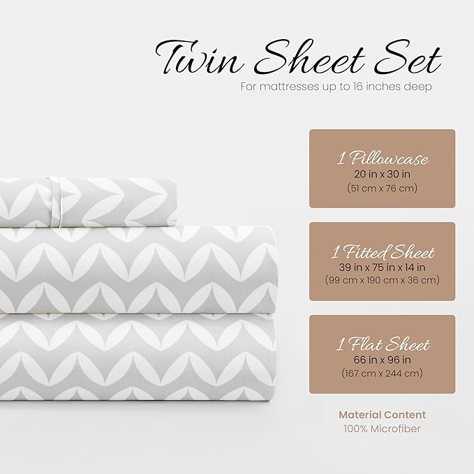 Linen Market Double-Brushed Patterned Microfiber Twin Sheet Set 3 Piece – Oeko-TEX Certified Ultra Soft & Wrinkle-Free - 16" Deep Pocket Sheets - Easy Care Twin Size - Puffed Chevron Light Gray