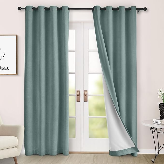 Macochico 100% Blackout Chenille Curtains for Living Room Classic Chenille Window Curtain Panels Thermal Drapes for Bedroom Hotel Grommet Curtains with Tieback Teal 84" Wx96 L 1 Panel