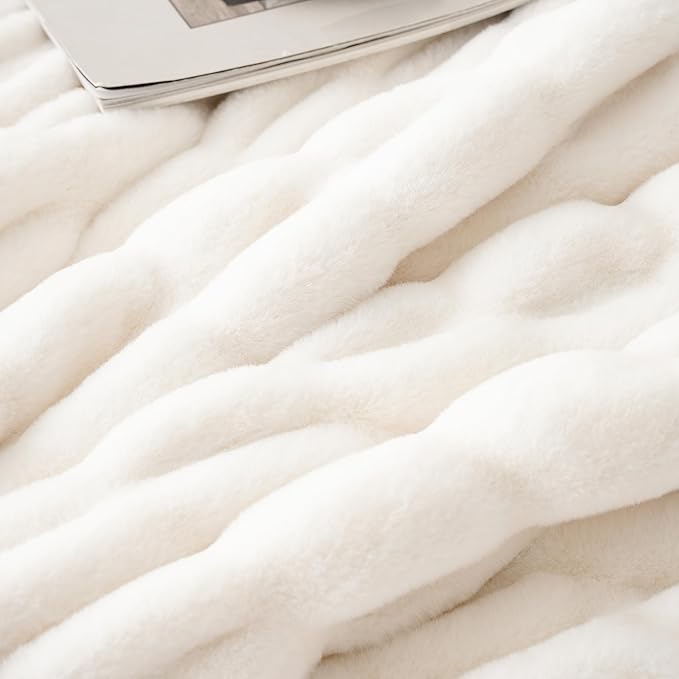 BATTILO HOME Cream Faux Fur Throw Blanket for Bed, Large Double Side Ruched Rabbit Fur Blanket for Couch, Bed, Super Soft Cozy Mink Blanket, 60"x80"