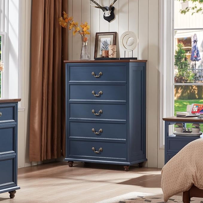 24" Wide Farmhouse Nightstand Set of 2, 54" 7 Drawers Dresser, 45" Tall Rustic Chests of 5 Drawers w/ 4 Solid Wood Feet, Farmhouse Furniture Series for Living Room,Bedroom,DarkBlue