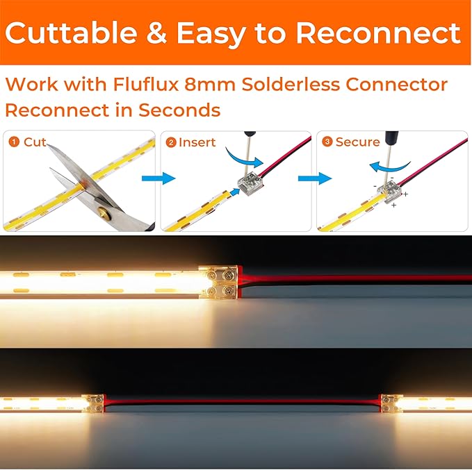 COB LED Strip Lights Cool White 4000K, 24V DC Premium Tape Light with Strong 3M VHB Tape, CRI 95, UL Listed, Cuttable, Dimmable, 3W/FT for Accent, Ambient Lighting (NO Power Supply)