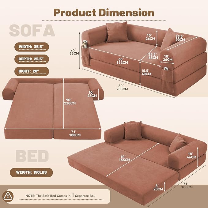 Convertible Futon Sofa Bed,80" Folding Pull Out Couch Bed with Storage,Queen Sleeper Sofa Bed,Compressed Couch in a Box,Corduroy Boneless Couches for Living Room,Pink