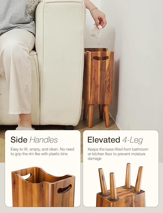 2 Gallons Wooden Trash Can 4 Legs - Acacia Wooden Bin, Wood Bathroom Accessories - Small Bin, Waste Basket for Bedroom, Office Garbage Can - Decorative Bathroom Trash Can - Patent Pending