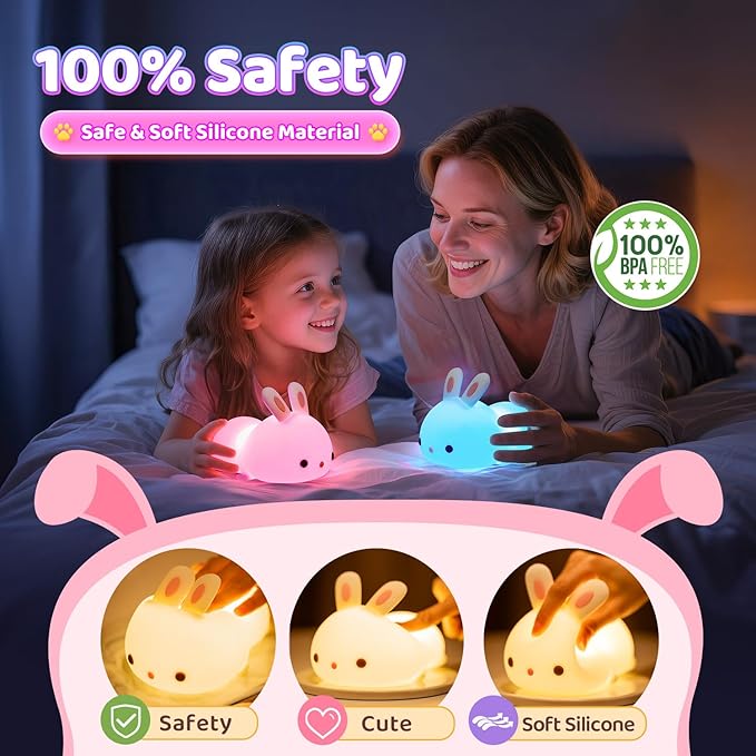 OneFire Night Light for Kids Christmas Gifts for Kids, 16 Colors Bunny Toys Cute Lamp, Soft Silicone Baby Night Light, 1200mAh Portable Dimmable Touch Lamps,Kawaii Room Decor,Christmas Gifts for Teens