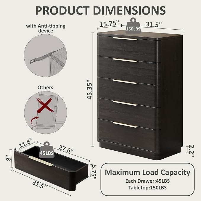 5 Drawer Dresser for Bedroom, 45" Tall Modern Chest of Drawers with Metal Handle, Curved Profile Design, Wooden Closet with Large Drawers Dressers Organizer for Entryway Hallway