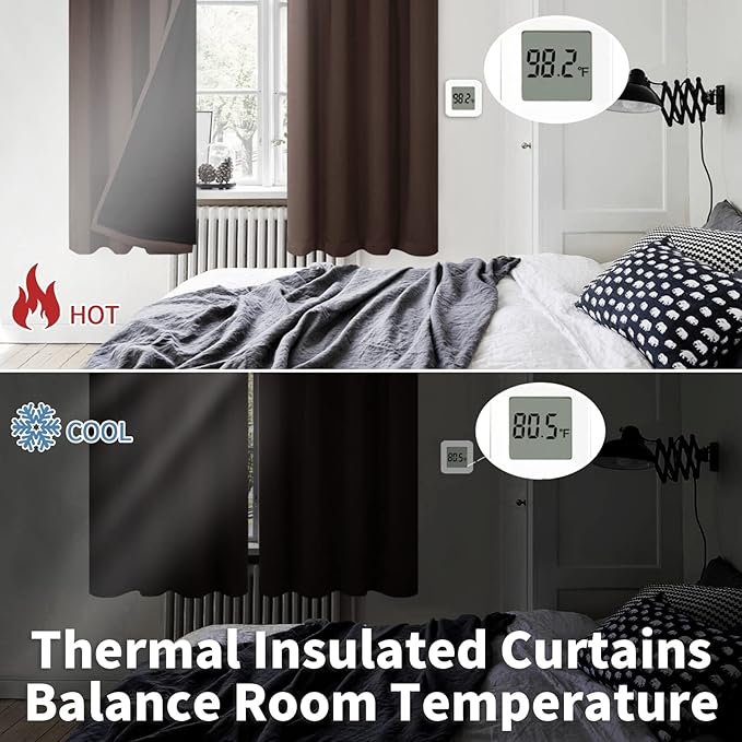 BGment Thermal Insulated 100% Blackout Curtains for Bedroom with Black Liner, Double Layer Full Room Darkening Noise Reducing Rod Pocket Curtain (52 x 72 Inch, Brown, 2 Panels)
