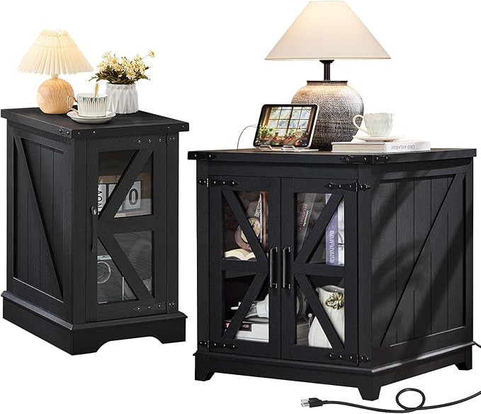 Farmhouse End Table Set 2, Narrow 18'' Night Stand with Glass Barn Door, 24" Square Side Table with Charger Station, Living Room Furniture Sets, Wood Nightstand Bedside Tables for Bedroom