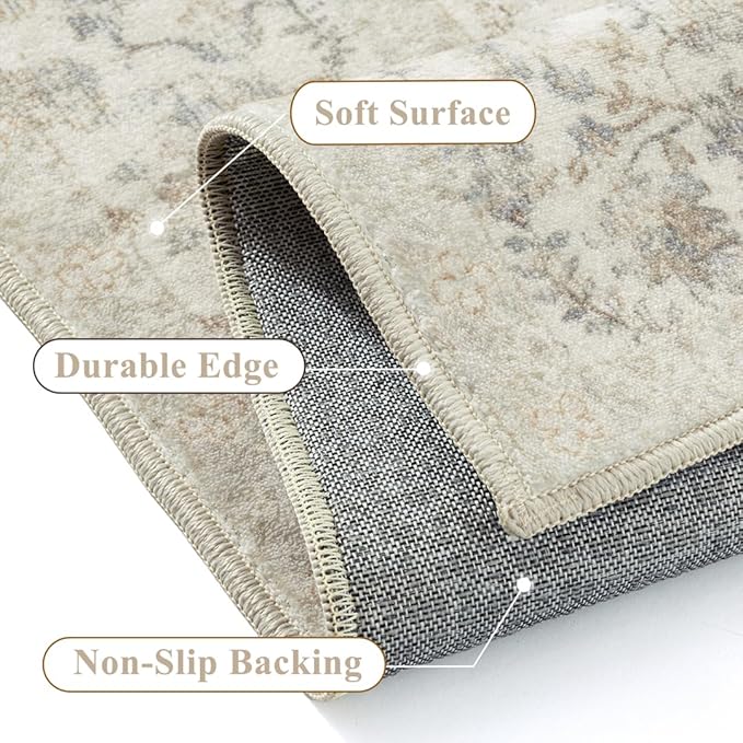 2x6 Taupe Runner Rug Hallway Non Slip Kitchen Vintage Distressed Long Carpet Indoor Machine Washable Retro Floral Bedroom Accent Throw Rug for Office Laundry Bathroom Dining Living Room