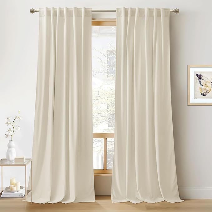 RYB Home Beige Velvet Curtains 96 inches Length - Heavy Duty Back Tab Decorative Window Drapes Privacy Room Darkening Covering for Living Room Playroom, Width 52 x Length 96 inch, Beige, 2 Panels