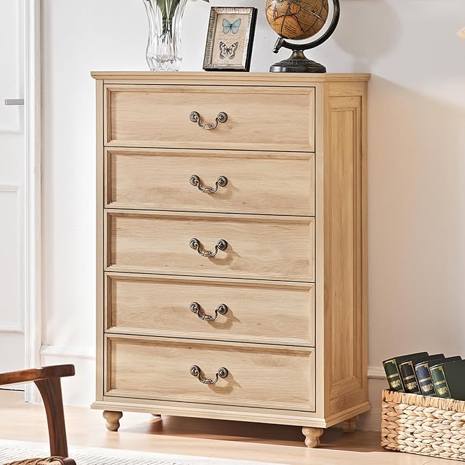 24" Wide Farmhouse Nightstand with Charging Station Set of 2, 45" Tall Rustic Chests of 5 Drawers w/ 4 Solid Wood Feet, Farmhouse Furniture Series for Living Room,Bedroom,Wood