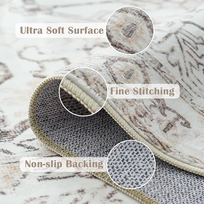 jinchan Lima Hallway Runner Rug 2x8 Washable - Vintage Floral Non Slip Low-Pile Soft Ultra-Thin Faux Wool Kitchen Rug Distressed Carpet Runner for Farmhouse Bedroom Laundry (2x8ft, Taupe)