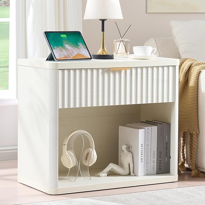 LEYAOYAO 31" Wide Fluted Nightstand with Charging Station, Oversized Extra Large 1 Drawer Night Stand with Golden Handle, White Wood Bedside Table Tall End Tables,for Bedroom, Living Room, Hallway