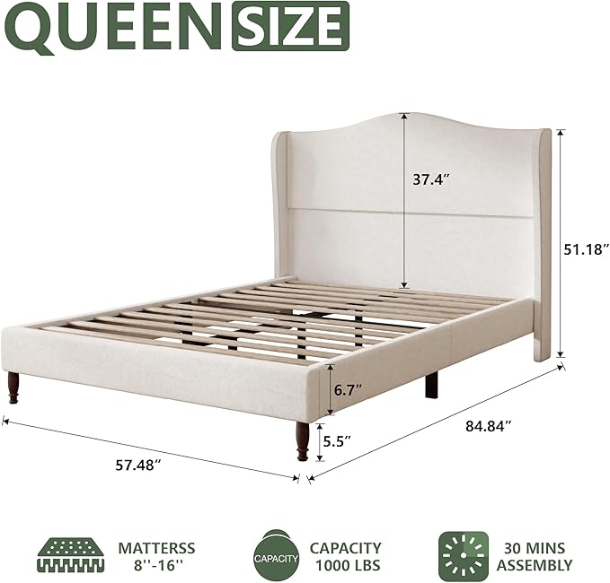 Queen Size Upholstered Platform Bed Frame, 51" Tall Chenille Fabric Headboard with Classic Curved Wingback Design, Vintage Solid Wood Legs, Easy Assembly & Noise-Free, Box Spring Option, Beige