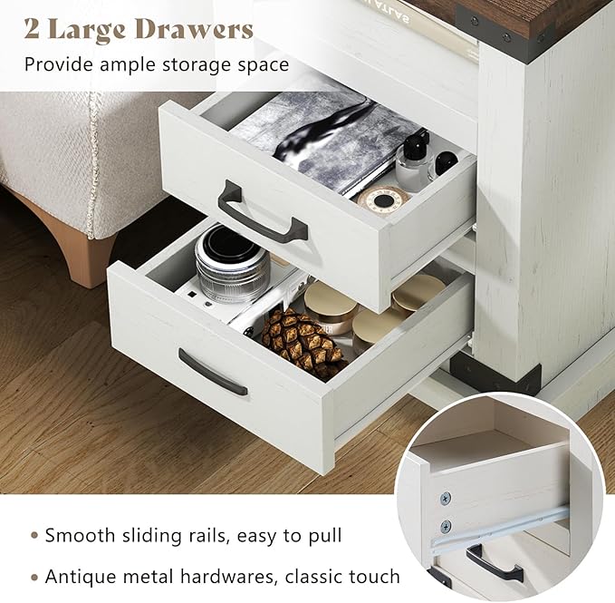 AMERLIFE Farmhouse Nightstand with Charging Station, 18" Wood Rustic Night Stand with 2 Storage Drawers, Heavy Duty Bedside Sofa Side End Tables for Bedroom, Living Room, Antique White