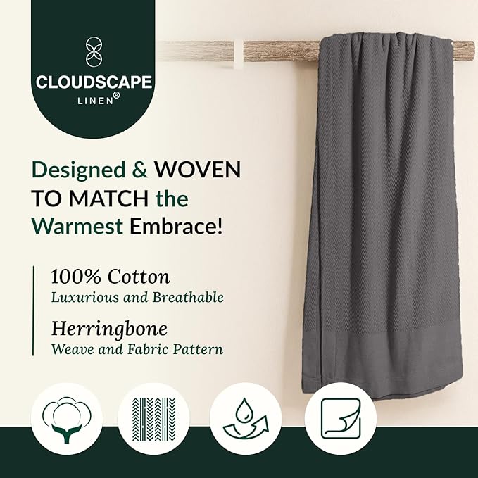 Cloud Scape Linen 100% Cotton Blanket 92x92 Sharkskin - Cozy Herringbone Weave, Fits Up to for Full Size Beds, Breathable Softness, All-Season Warmth, Winter Blanket, for Women