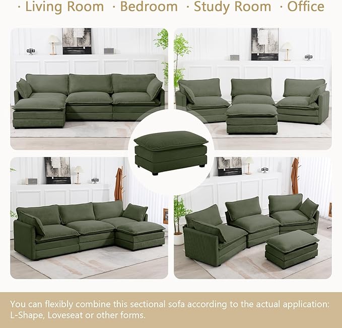 112'' Sectional Modular Cloud Couch, Oversized L Shaped 3 Seat Sofa with Movable Ottomans, 2 Throw Pillows, Upholstered Corduroy L Shape Comfy Deep Couches for Living Room and Office, Green