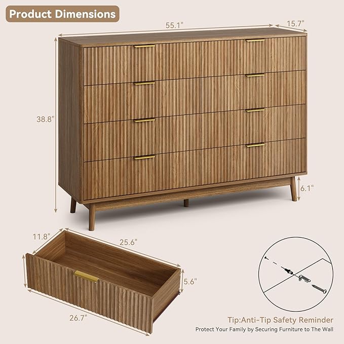 CARPETNAL Fluted 8 Drawer Dresser for Bedroom, 55" Wide Wooden Chest of Drawers with Rounded Corners, Gold Handles, Modern Storage Organizer for Bedroom, Hallway(Walnut)