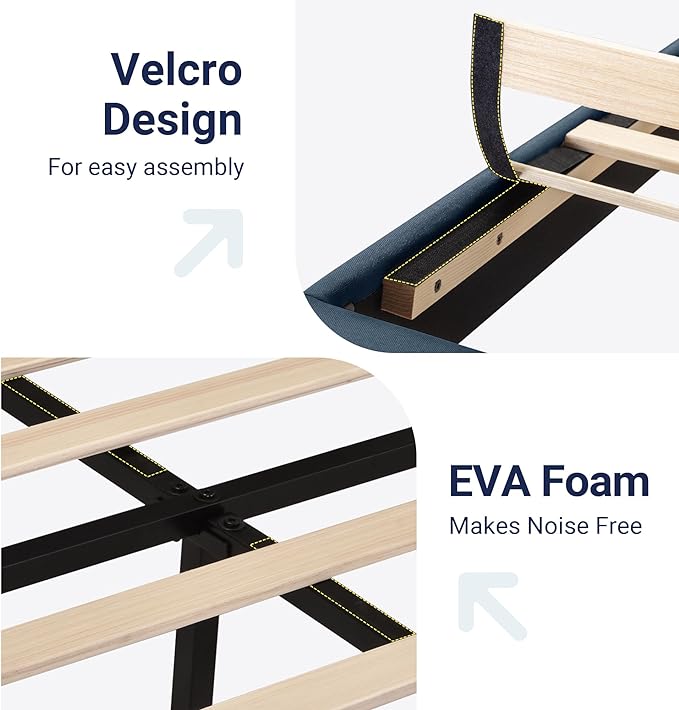 Allewie Queen Size Platform Bed Frame with Fabric Upholstered Headboard and Wooden Slats Support, Fully Upholstered Mattress Foundation/No Box Spring Needed/Easy Assembly, Navy Blue