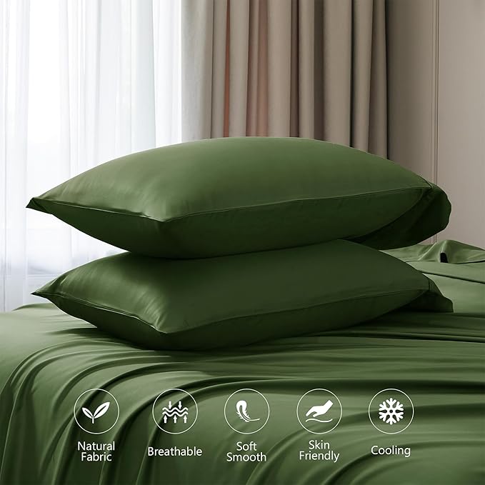400TC Queen Sheets, Rayon Derived from Bamboo, Cooling Bed Sheets Set,Deep Pocket Up to 16", 4 Pieces Silky Soft, Breathable Bedding Sheets & Pillowcases,Juniper Green