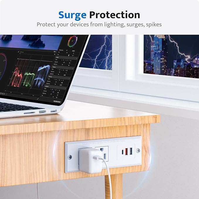 DOACE Recessed Power Strip with 18W USB C Fast Charging Conference Recessed Outlet,Space-Saver for Furniture Side Table,2 AC Outlets,3 USB Ports,6ft Cord, 45° Thin Flat Plug, White