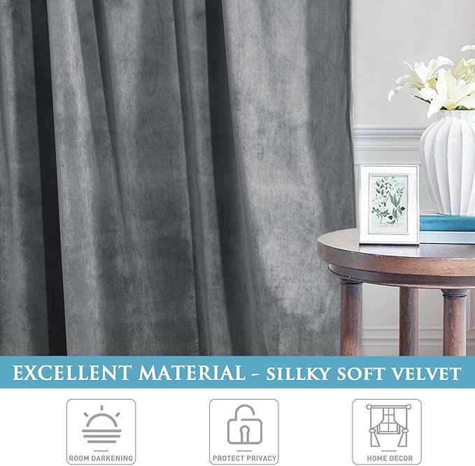 StangH Velvet Drapes 90 inches Long, Light Grey Luxury Home Decoration Bedroom Thermal Insulated Window Curtains for Sliding Door Cafe, W52 x L90, 2 Panels