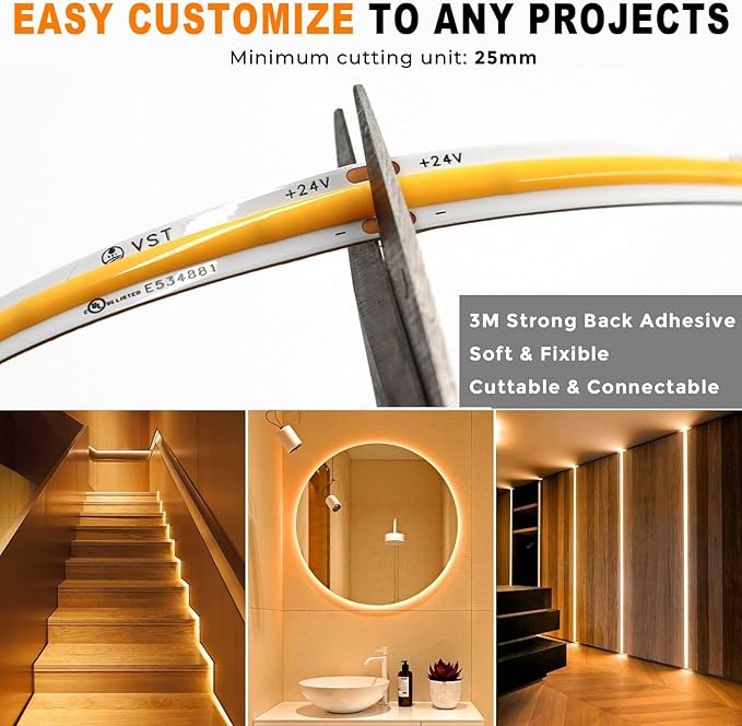 VST 16.4ft COB LED Strip Lights Cool White 6000K, 24V Dimmable LED Tape Light, 48w, 2640 LEDs, Ra 93+, IP30, Lighting for Kitchen, Cabinets, UL Listed (Power Source Not Included)