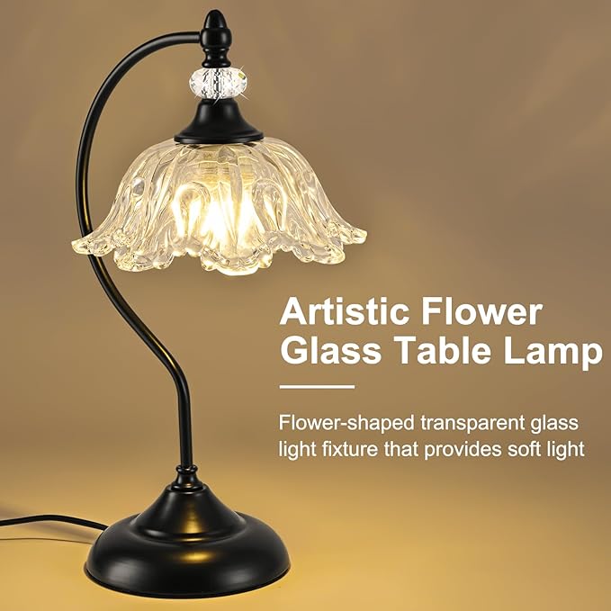 Table Lamp for Bedroom,Crystal Glass Beside Lamp,Plug in Dimmable Black Lamp Flower Nightstand Lamp for Living Room, Office, Desk, Home Decor